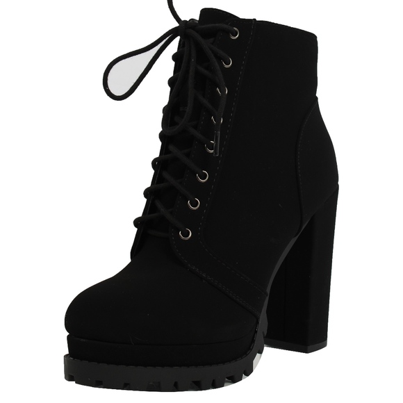 Black Lace Up Lug Block Heel Ankle Boot - Picture 3 of 7
